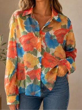 St. John Silk Collection By Marie Gray Multicolor Floral Button-Down Blouse